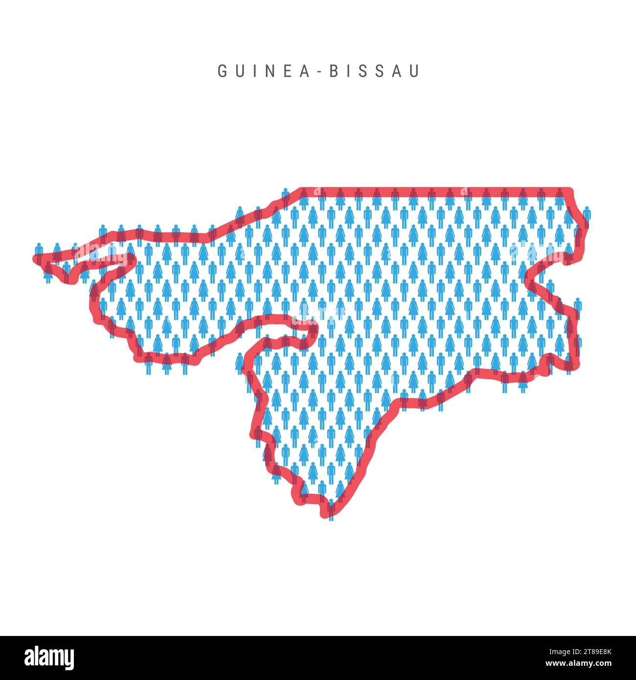 Mappa della popolazione della Guinea-Bissau. Figure a bastone cartina delle persone della Guinea-Bissau con il confine translucido rosso in grassetto. Modello di icone di uomini e donne. Isolare Illustrazione Vettoriale