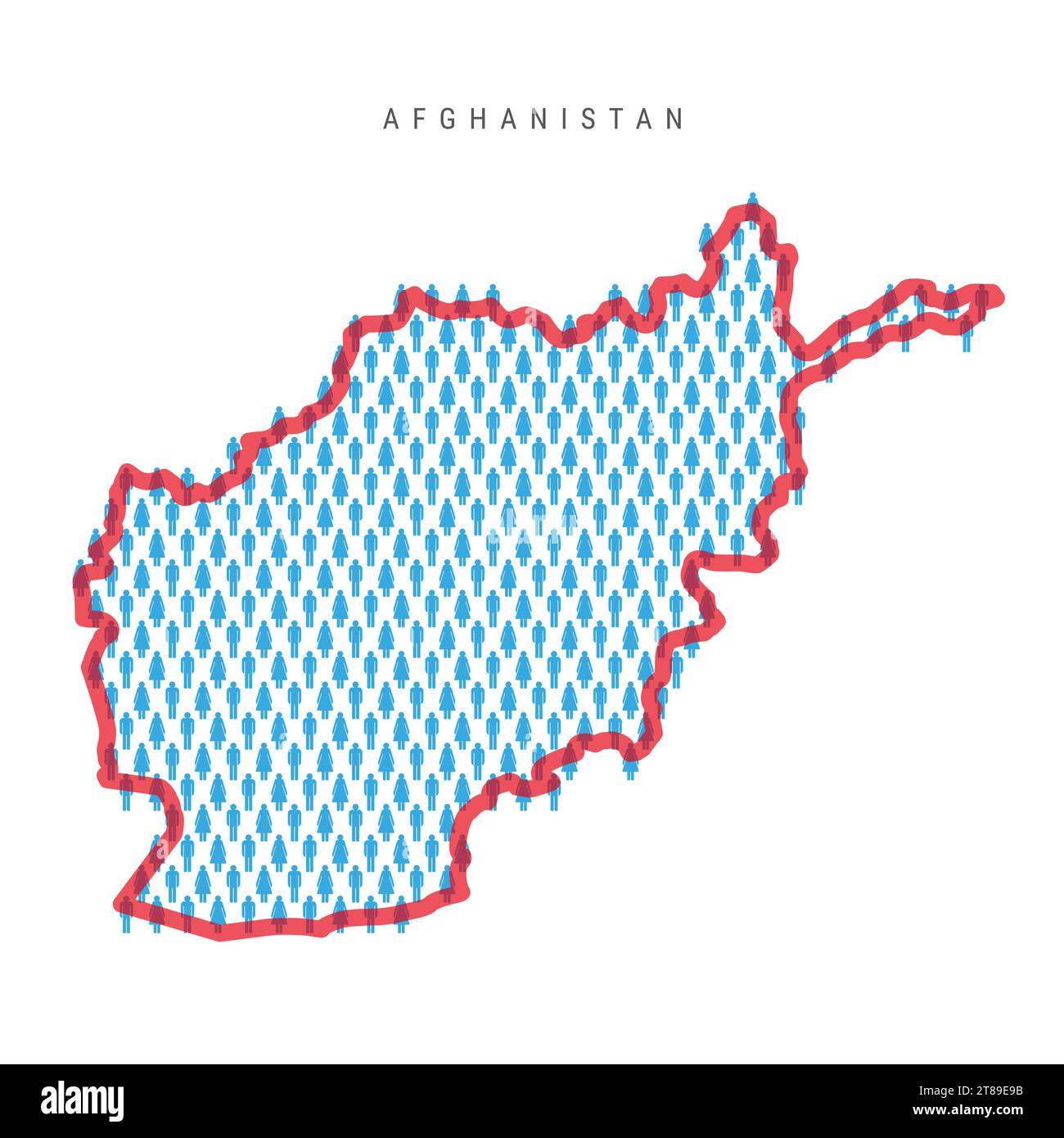 Mappa della popolazione dell'Afghanistan. Personaggi a bastone mappa afghana con il confine di paese traslucido rosso in grassetto. Modello di icone di uomini e donne. Vettore isolato Illustrazione Vettoriale