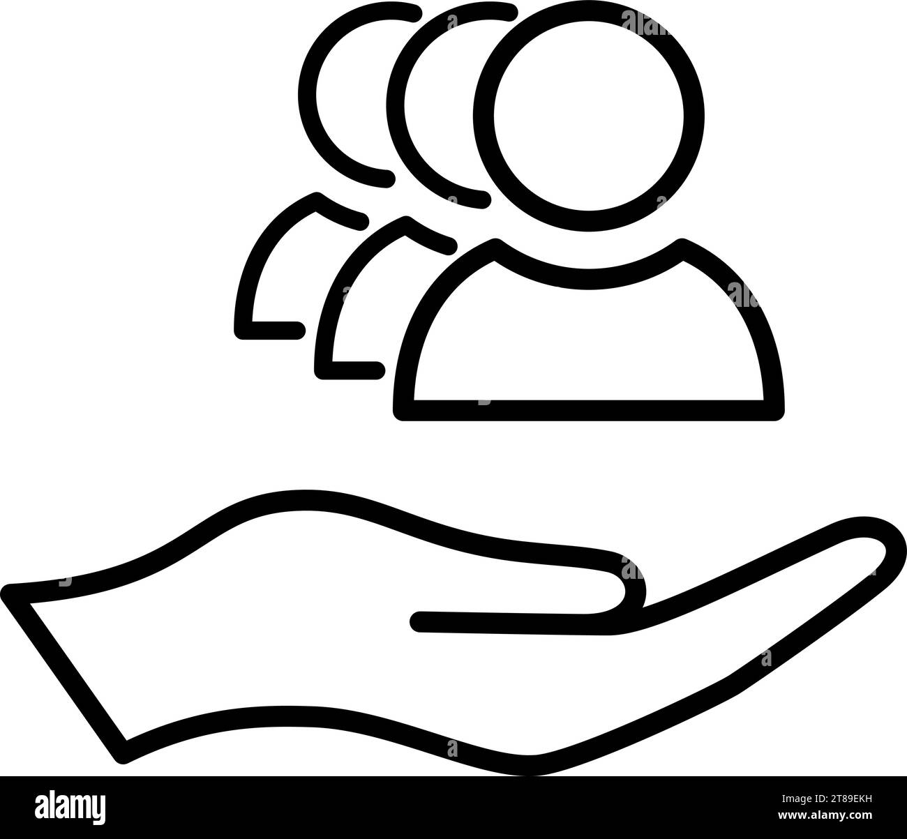 Icona di linea di un gruppo di persone sul palmo della mano come luogo di lavoro inclusivo Illustrazione Vettoriale