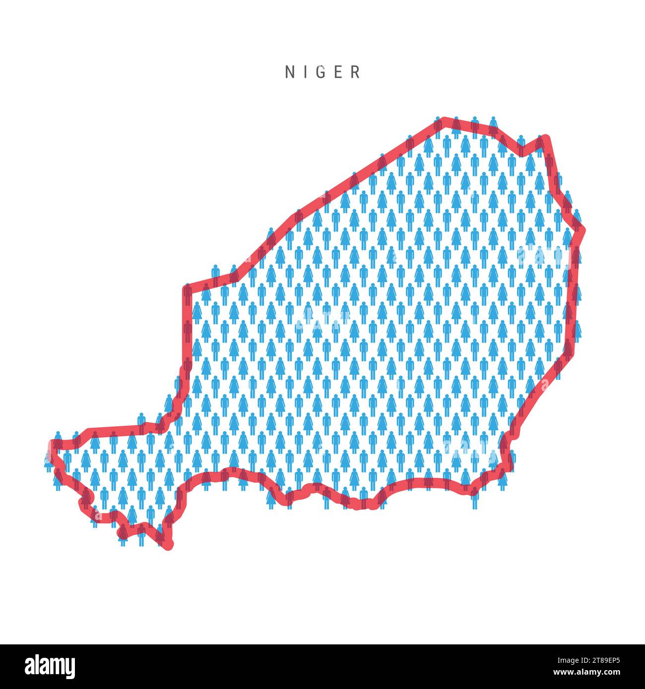 Mappa della popolazione nigeriana. I personaggi del popolo nigeriano si stagliano su una mappa con un confine rosso brillante e traslucido. Modello di icone di uomini e donne. Illu. Vettore isolato Illustrazione Vettoriale