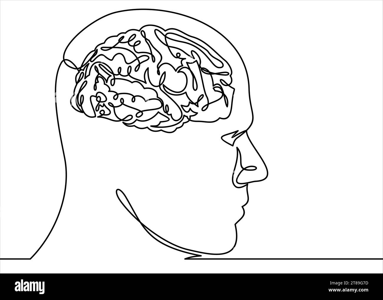 Disegno continuo della testa umana e del cervello Illustrazione Vettoriale