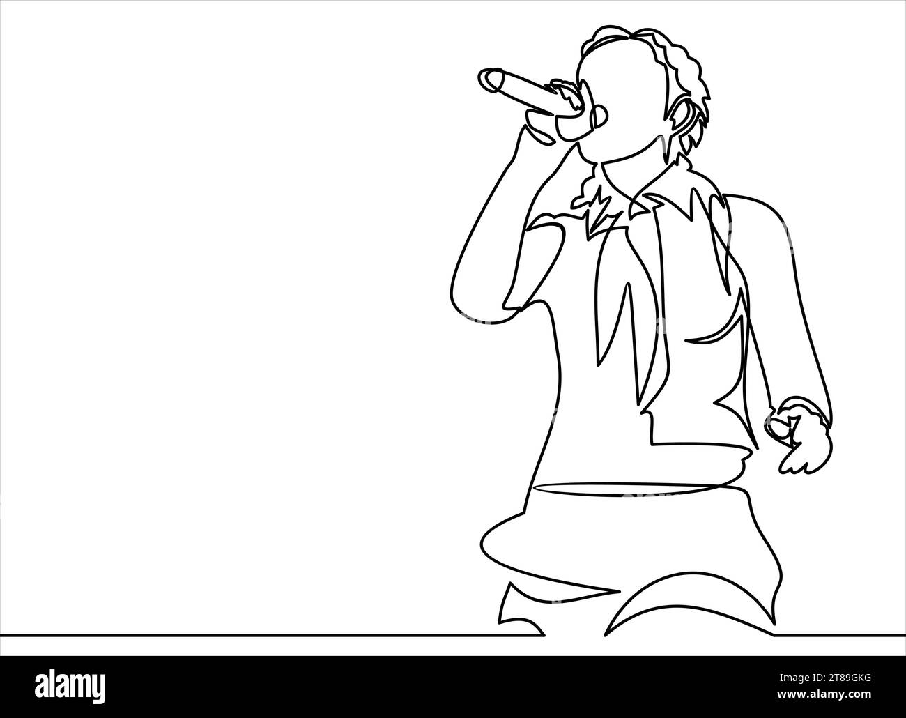 donna che canta con il microfono nelle mani illustrazione vettoriale. vocalist della band musicale.disegno continuo delle linee Illustrazione Vettoriale