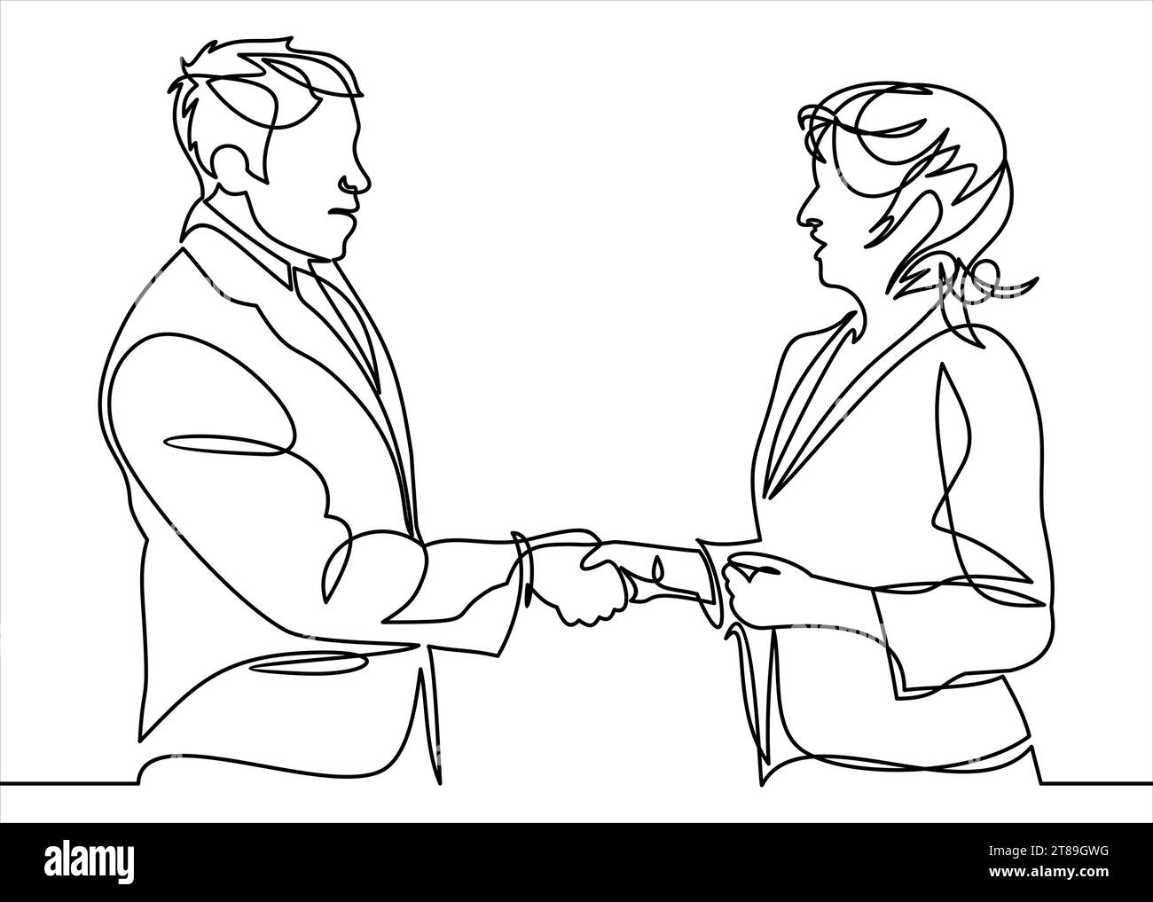 Due uomini d'affari, uomini d'affari e donne, che stringono la mano, in concetto di accordo, società o partnership. linea continua Illustrazione Vettoriale
