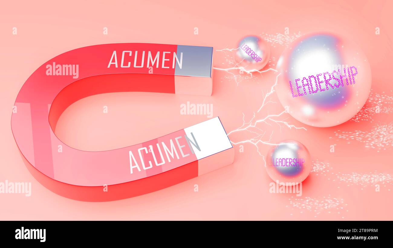 L'acumen attira la leadership. Una metafora magnetica in cui il potere dell'acume attrae più parti della leadership. Rapporto causa-effetto tra acume Foto Stock