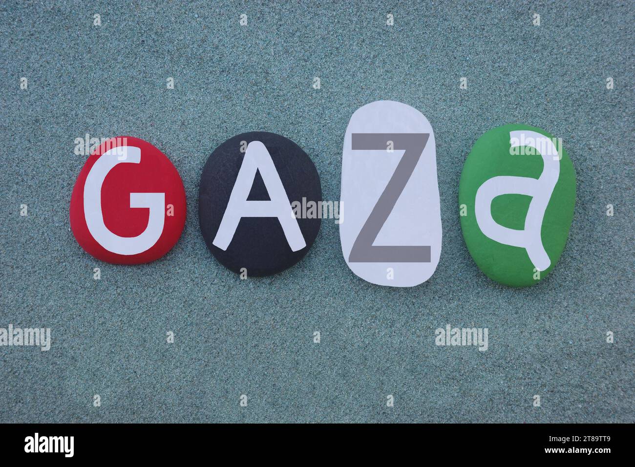 Gaza o Gaza City, città palestinese nella Striscia di Gaza e la città più grande dello Stato di Palestina, testo creativo composto con i colori della bandiera nazionale Foto Stock