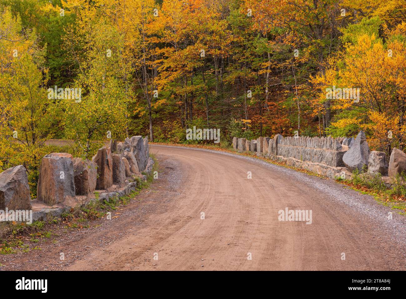 Una strada di ghiaia che attraversa un ponte di pietra nel bosco in autunno. Foto Stock