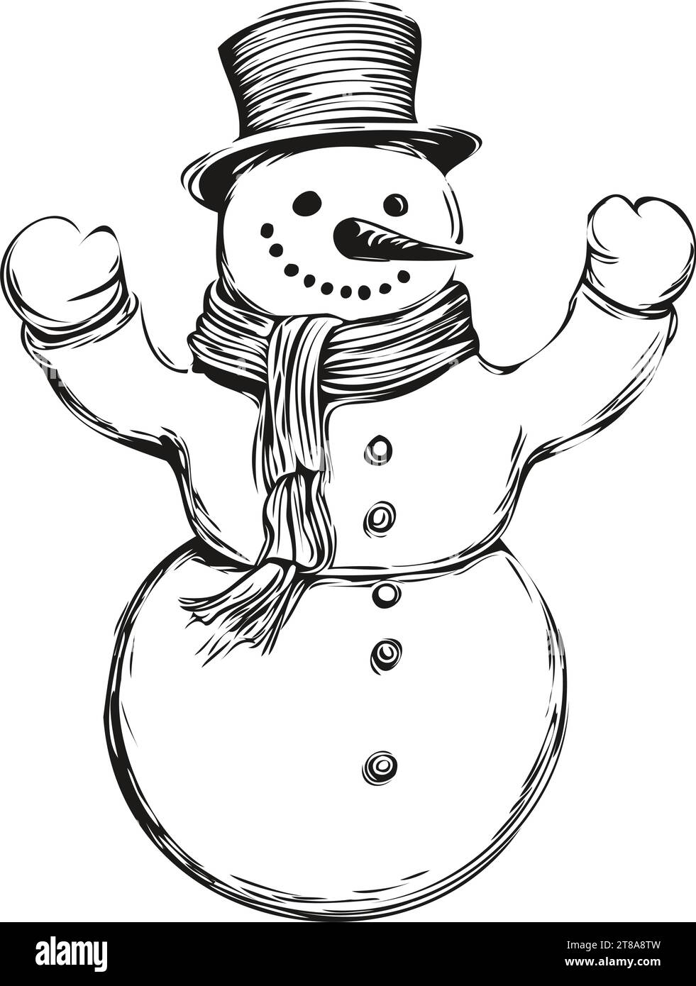 Illustrazione natalizia di Snowman Sketch 2024 disegnata a matita, stile incisione Vintage e lavorazione artigianale dettagliata, outli in inchiostro Vector isolato bianco e nero Illustrazione Vettoriale