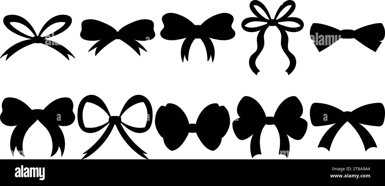 Silhouette nere di fiocchi a nastro disegnati a mano. Forme versatili per decorazioni eleganti. Grande set di cuffie per progetti creativi. Illustrazione Vettoriale