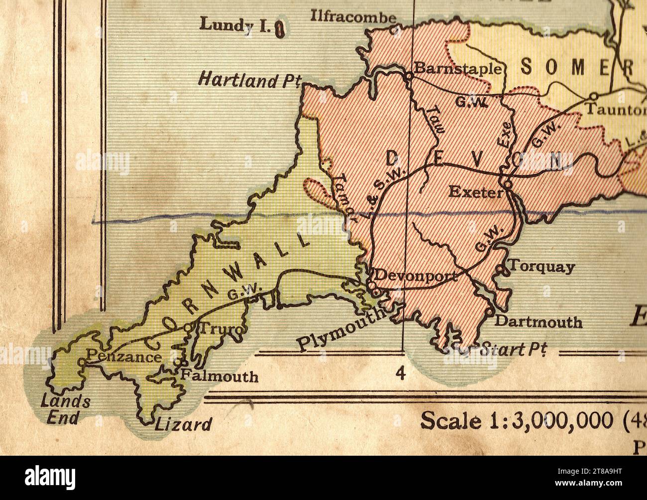 Un'antica mappa politicamente colorata di Inghilterra e Galles che mostra le contee di Cornovaglia, Devon e Somerset. Foto Stock