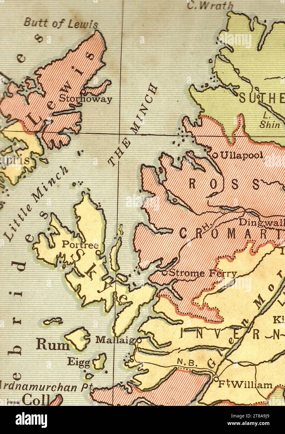 Un'antica mappa politica a colori seppia della Scozia che mostra la costa occidentale e l'isola di Skye. Foto Stock