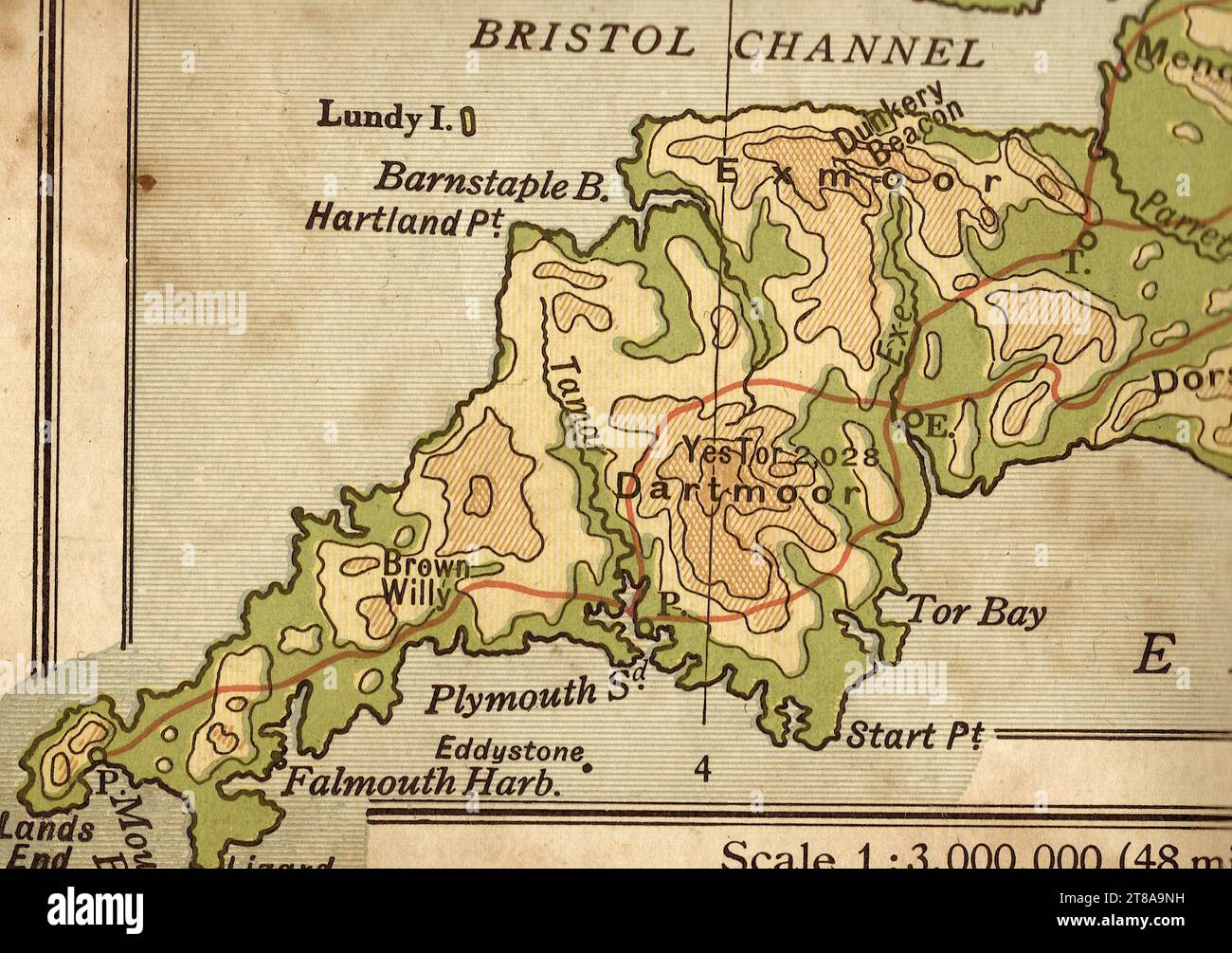 Un'antica mappa geografica color seppia dell'Inghilterra e del Galles che mostra la Cornovaglia, il Devon e il Canale di Bristol. Foto Stock