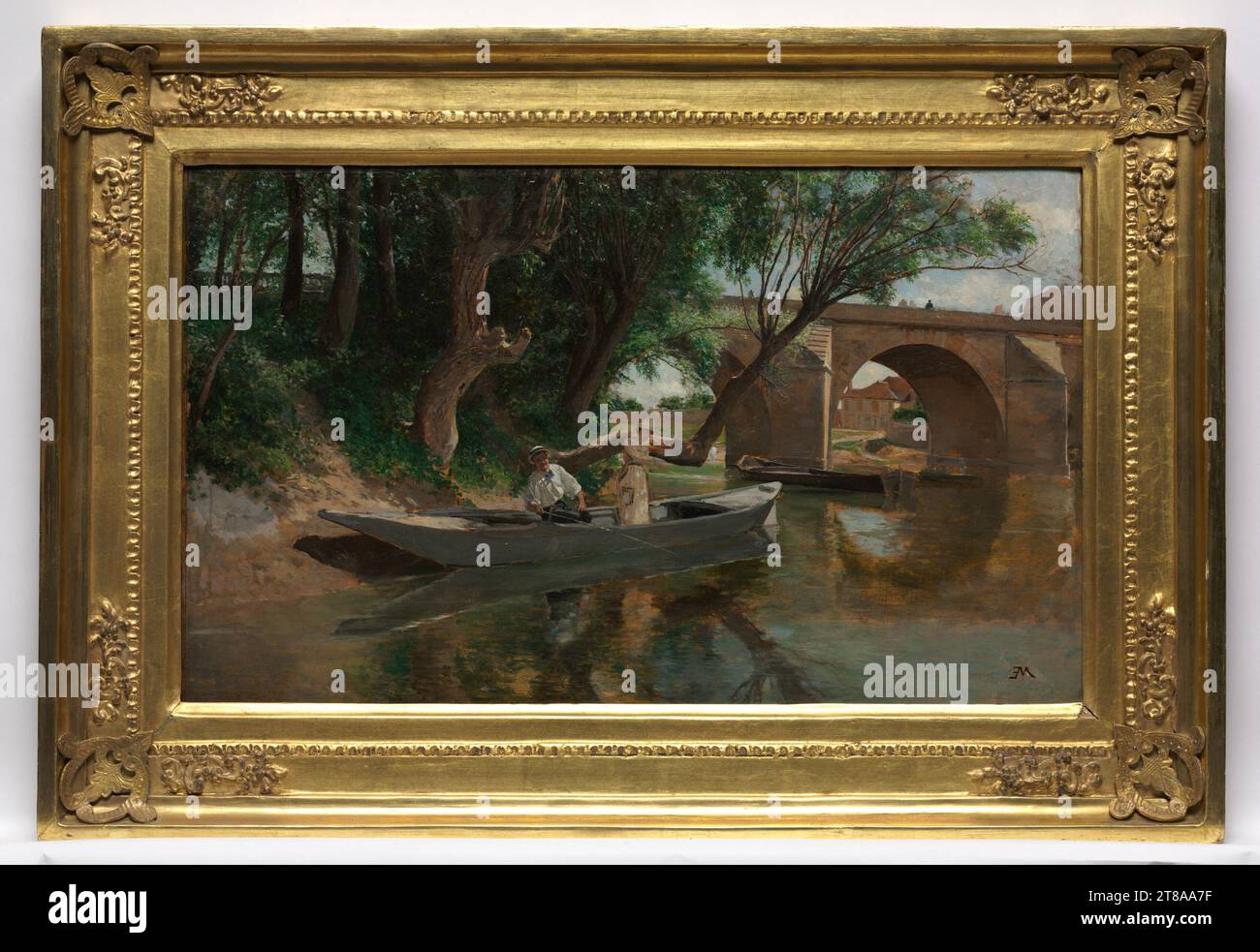 Questo sorprendente dipinto naturalista del famoso accademico-realista francese Ernst Meissonier raffigura un uomo e una donna in una piccola barca sul fiume Senna a Poissy, una piccola città a circa 15 miglia a nord-est di Parigi. Le figure vestite alla moda, presumibilmente membri della nuova classe urbana, stanno pescando all'ombra di diversi alberi sulla riva. L'uomo indossa un cappello di paglia, le maniche della camicia si sono arrotolate casualmente, mentre la donna sta in piedi sulla barca estendendo il suo bastone sull'acqua. Ponte a Poissy (Pêcheurs à ligne), 1881. Ernest Meissonier (francese, 1815–1891). Olio a bordo; senza telaio: 33,7 x Foto Stock