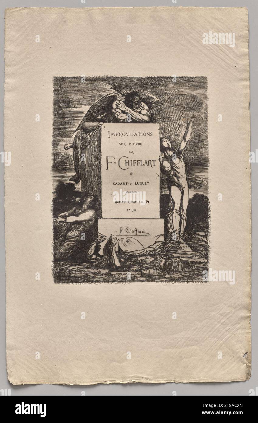 Francois-Nicolas Chifflart fu un membro importante della rinascita dell'incisione nella Francia del XIX secolo. Questa stampa, dalla sua serie del 1865 Improvisations on Copper, rivela la libertà e la sperimentazione che Chifflart ha trovato in questo mezzo. Disegnò direttamente su lastre di rame preparate, disegnando come avrebbe fatto su un foglio di carta, per creare sia studi aneddotici che composizioni finite fantasiose. Eseguite su scala intima, le stampe incoraggiavano un aspetto attento e una contemplazione privata. Improvisations sur cuivre: Frontespiece, 1865. Nicolas-Francois Chifflart (francese, 1825–1901), stampato da Auguste Foto Stock