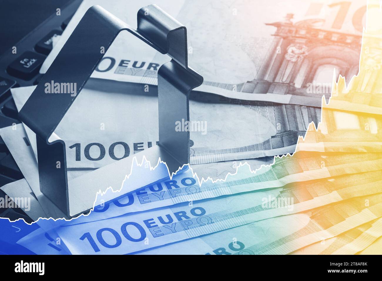 Metal House e il crescente grafico sparkline che rappresenta il prezzo degli immobili o il tasso di riferimento in Europa Foto Stock