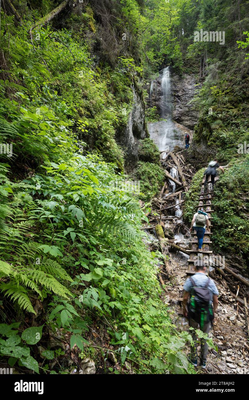 Cascata con turisti su scala nel canyon del Parco Nazionale Slovacco Paradise, Slovacchia Foto Stock
