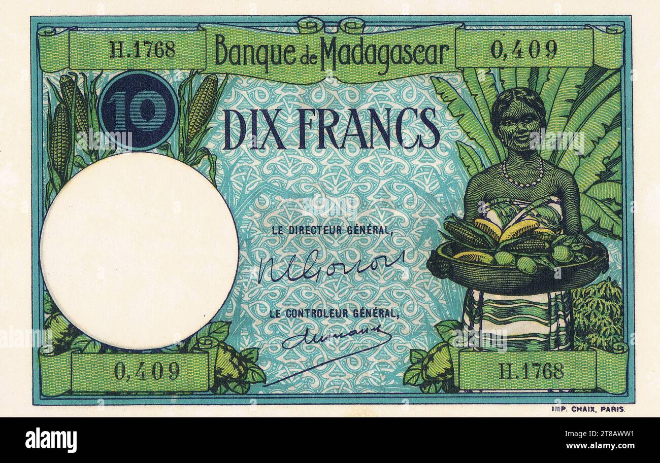 10 FRANCHI BANQUE DE MADAGASCAR 1936 Foto Stock
