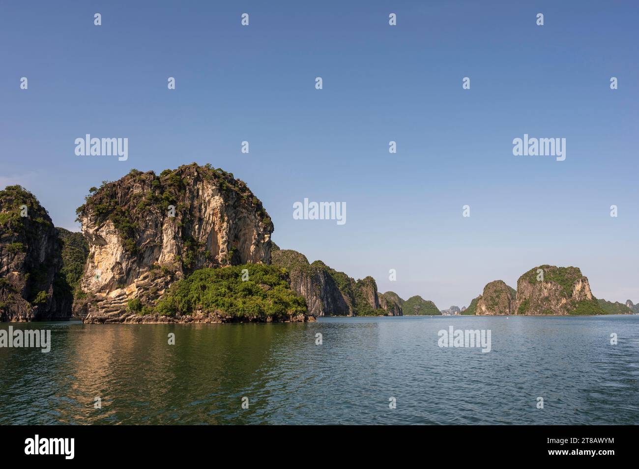 Le spettacolari e insolite formazioni rocciose geologiche di Halng Bay, nel nord del Vietnam. Il tempo è soleggiato. Spazio per la copia. Foto Stock