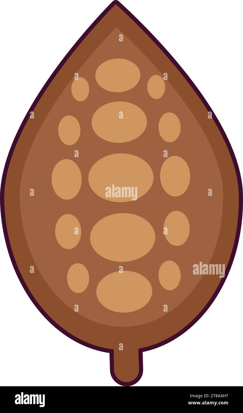 Noce di cacao tagliata a metà. Raccolta di chicchi di cacao per la lavorazione di caffè e bevande di cacao. Semplice icona vettoriale con tratti colorati isolata su sfondo bianco Illustrazione Vettoriale
