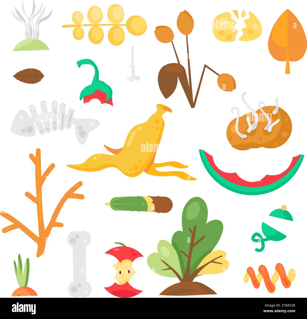 Raccolta di rifiuti organici e residui alimentari. Rifiuti alimentari non utilizzati e destinati allo smaltimento. Riciclaggio di cibo, verdura, frutta. Vettoriale cartone animato isolato o Illustrazione Vettoriale