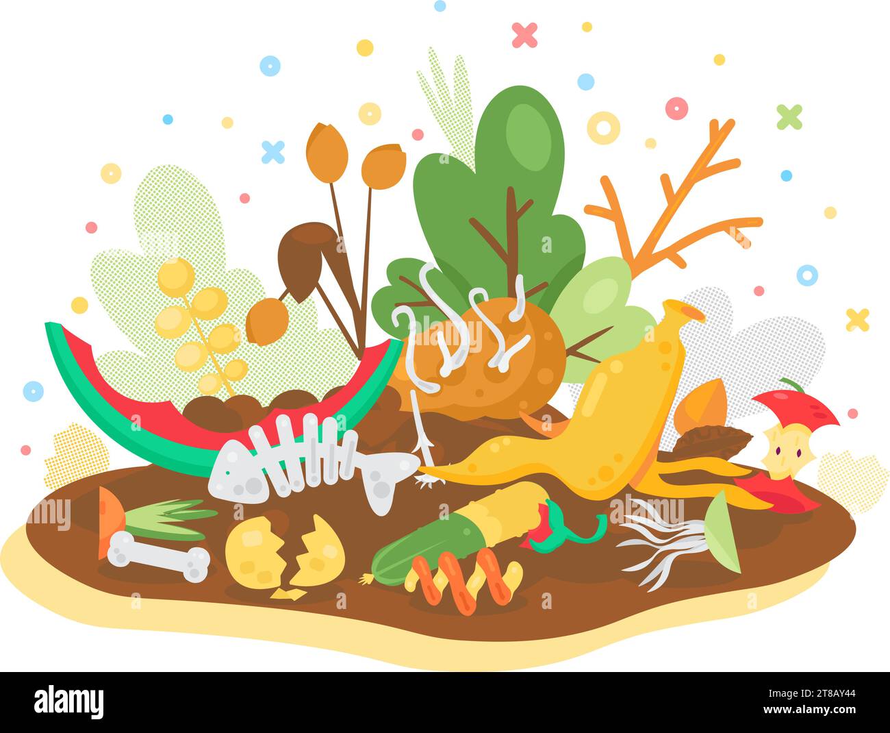 Vecchio cumulo di rifiuti indesiderato con rifiuti organici. Un mucchio di verdure, frutta e compost. Problema di inquinamento organico. Vettore dei cartoni animati isolato sul retro bianco Illustrazione Vettoriale