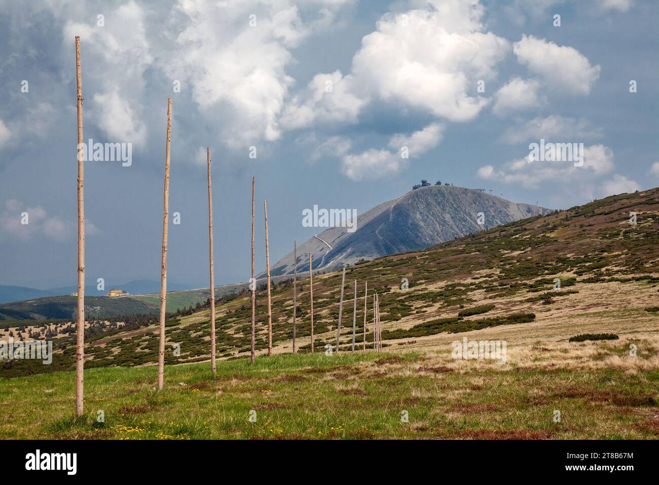Sentiero segnato da pali, paesaggi montani, montagne giganti, Snezka, paesaggio montano Foto Stock