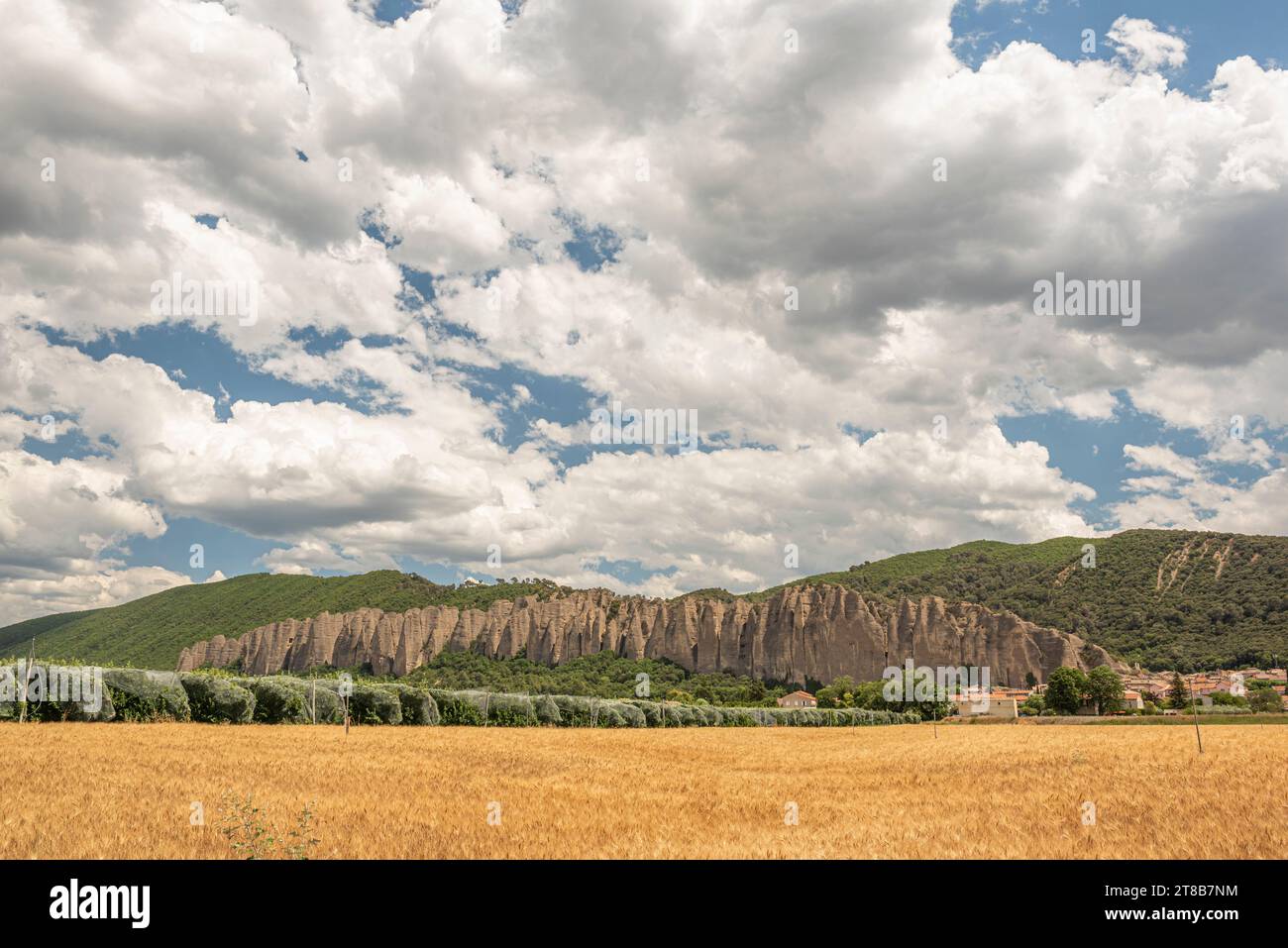 Splendida vista panoramica della formazione Les Pénitents des Mees in una giornata estiva soleggiata Foto Stock
