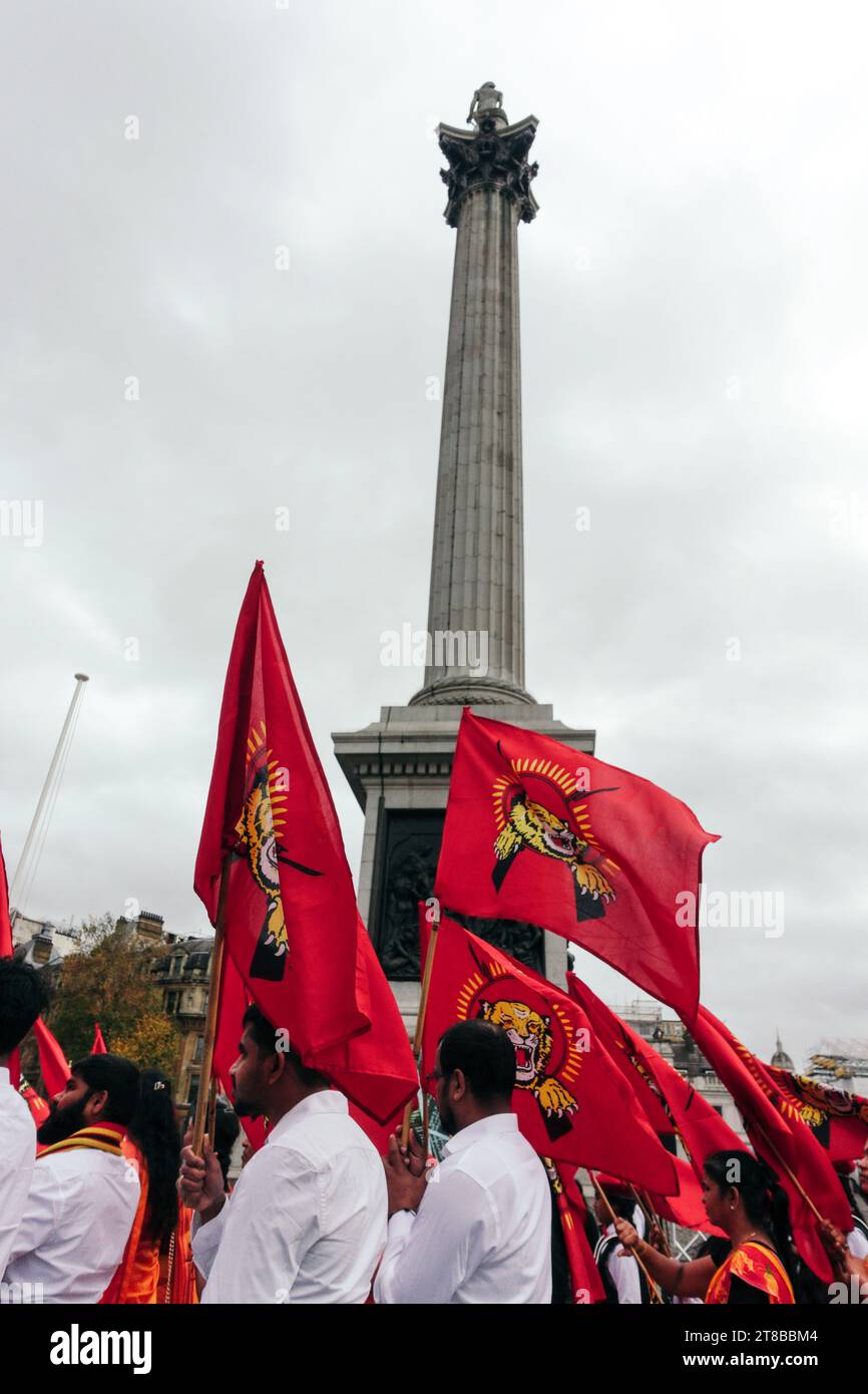 Londra, Regno Unito. 19 novembre 2023 i Tamil britannici si riuniscono a Trafalgar Square, portando bandiere Tamil Tiger e radunando per un'elam Tamil indipendente. © Simon King/ Alamy Live News Foto Stock