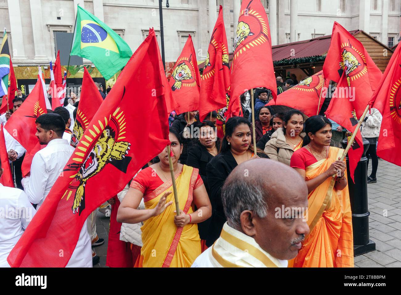 Londra, Regno Unito. 19 novembre 2023 i Tamil britannici si riuniscono a Trafalgar Square, portando bandiere Tamil Tiger e radunando per un'elam Tamil indipendente. © Simon King/ Alamy Live News Foto Stock