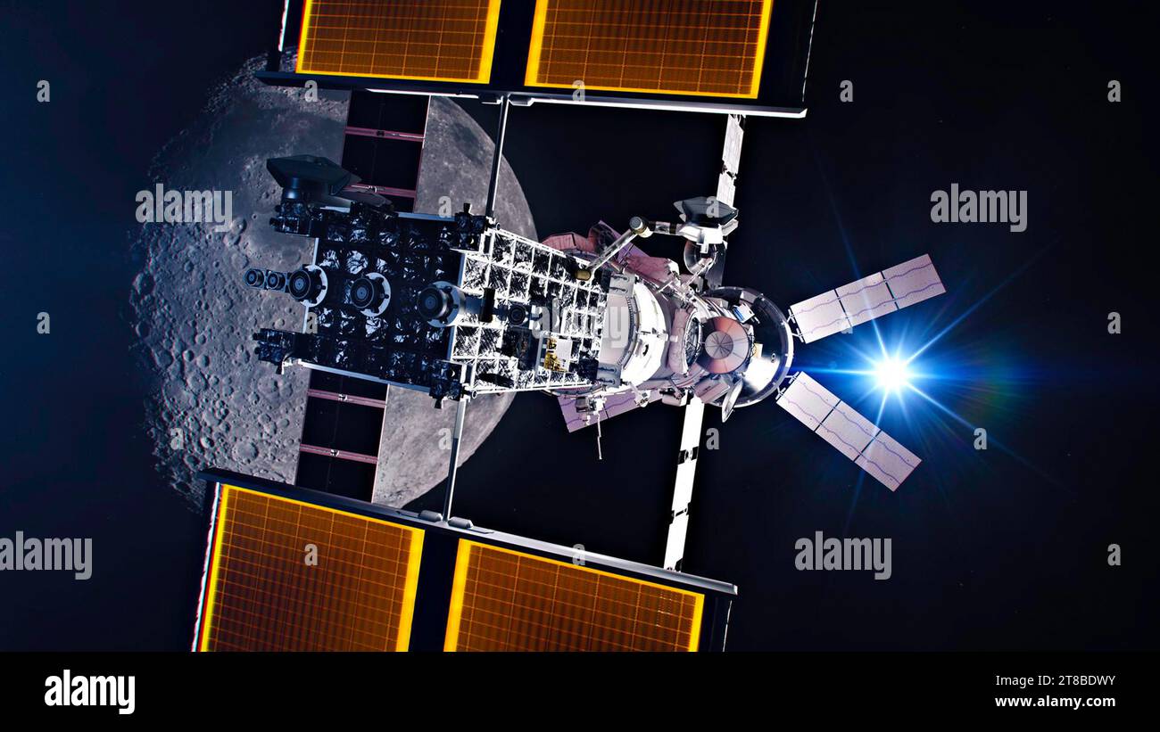 Artist's Impression of Gateway - la stazione spaziale orbitale lunare proposta dalla NASA - che sarebbe parte della missione Artemis IV - immagine: Geopix/NASA Foto Stock