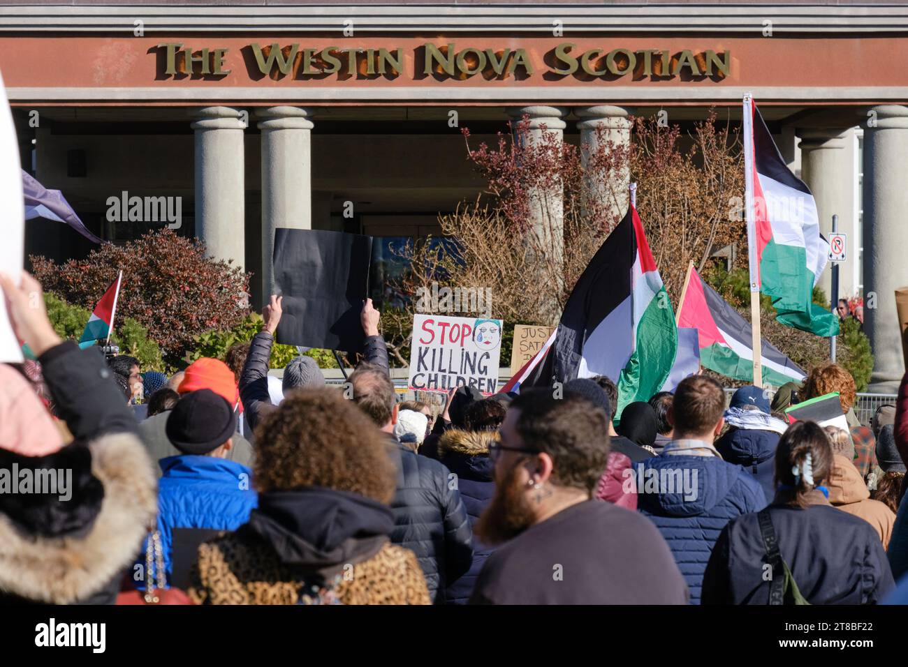 Halifax, nuova Scozia, Canada. 19 novembre 2023. Centinaia si riuniscono al cessate il fuoco ora in Palestina, chiedendo azioni immediate per porre fine alla crisi. Il raduno si è tenuto di fronte al Westin Nova Scotian Hotel, dove si tiene l'Halifax International Security Forum, e dove il popolo di Israele ha ricevuto il Premio John McCain per la leadership nel servizio pubblico. Crediti: Meanderingemu/Alamy Live News Foto Stock