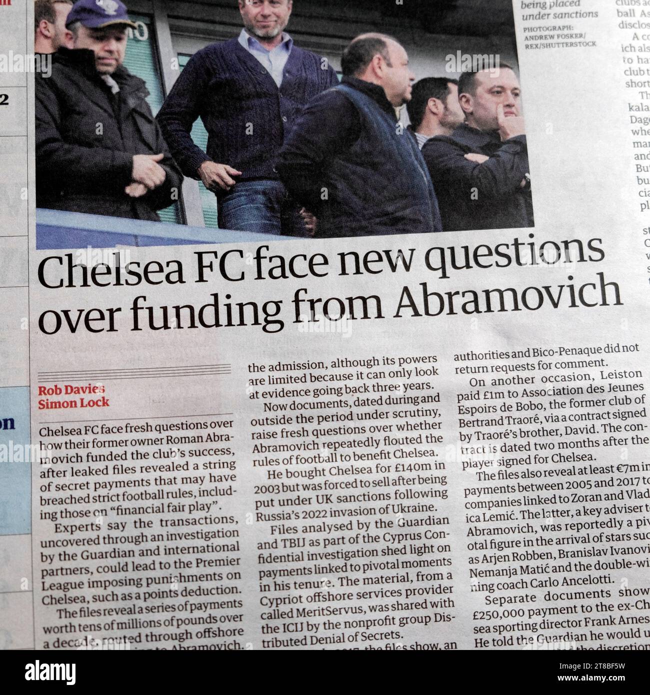 "Chelsea FC Ace New questions over funding from (Roman) Abramovich" Foto Stock