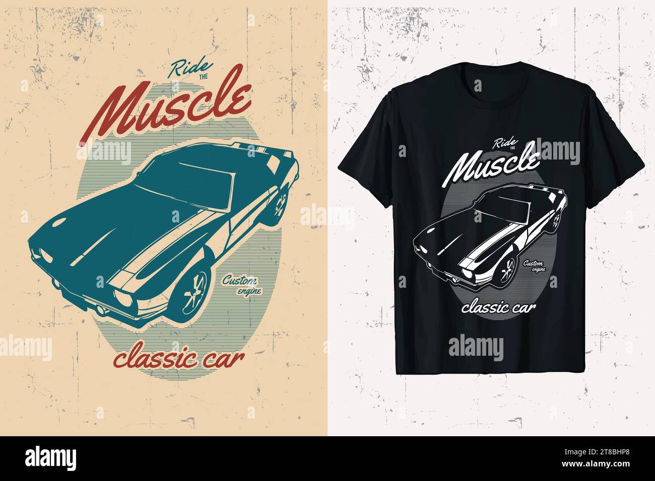 T-shirt vettoriale American Muscle Classic car. grafica della t-shirt personalizzata muscle per auto in bianco e nero vintage. illustrazione della maglietta muscle car. Illustrazione Vettoriale