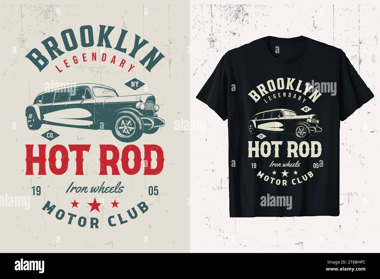 T-shirt HotRod Car Vector Design. grafica t-shirt vintage in stile classico hotrod. Modello di maglietta personalizzata Hot Rod American Old Cars. Illustrazione Vettoriale