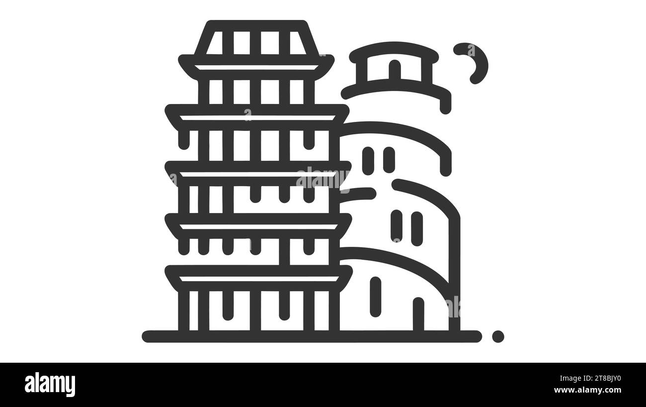 Grafica grafica con linee nere che combina la Torre Pendente di Pisa e un tempio cinese, isolato su sfondo bianco. Illustrazione Vettoriale