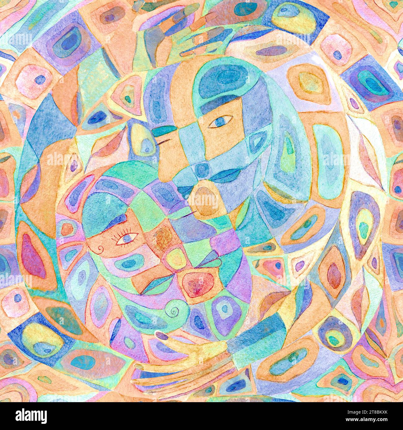 Sfondo multicolore simbolico astratto acquerello. Tinte calme disegnate a mano motivo senza cuciture. Astrazione acquerello. Uomo, donna, yin e yang h Foto Stock