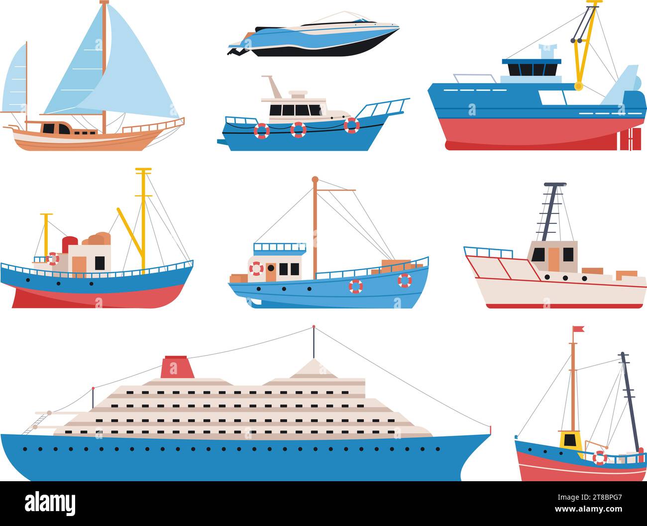 Barche piatte e navi da cartoni animati. Navi da pesca e da viaggio, pescherecci da traino e yacht. Avventure in mare o nell'oceano e trasporto di elementi vettoriali decenti Illustrazione Vettoriale
