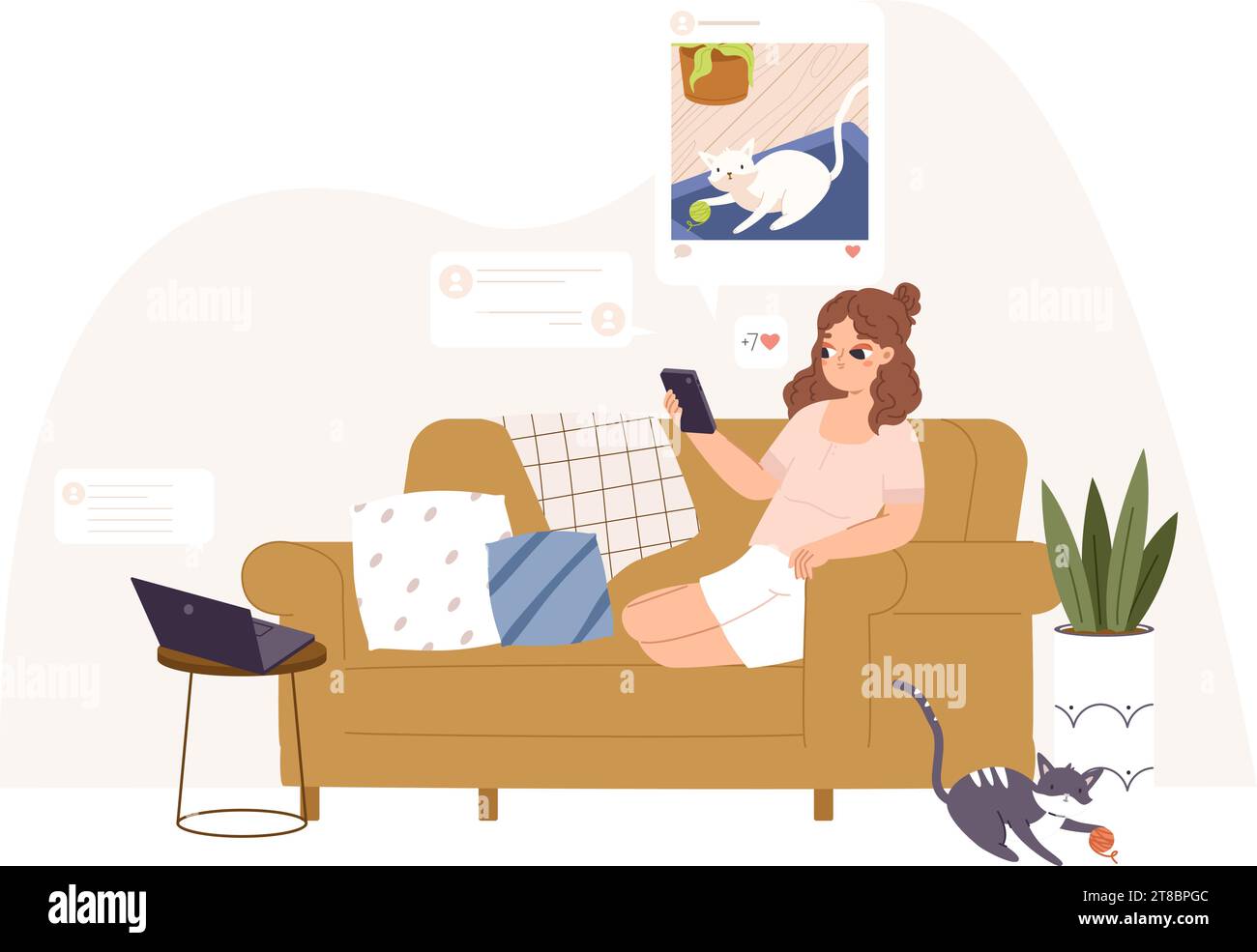 Giovane ragazza che naviga su Internet e sui social media seduto sul divano. Dipendenza digitale, conversazione remota e riunioni online. Moderna scena del vettore di pausa Illustrazione Vettoriale