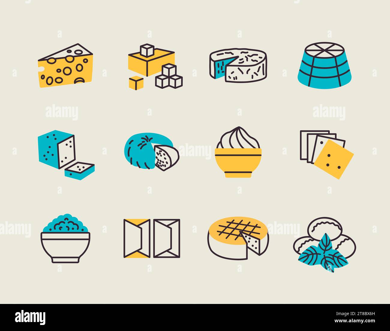 Set di icone del formaggio vettoriale. Cartello prodotti lattiero-caseari. Simbolo grafico per la progettazione di siti Web e app per cucinare, logo, app, interfaccia utente Illustrazione Vettoriale