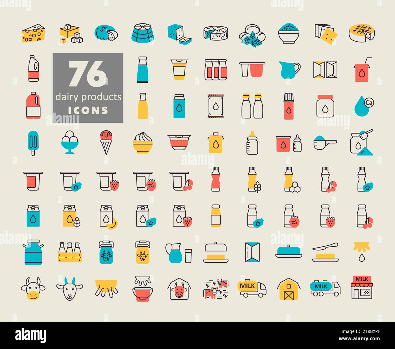 Set di icone relative al latte e ai prodotti lattiero-caseari. Simbolo grafico per la progettazione di siti Web e app per cucinare, logo, app, interfaccia utente Illustrazione Vettoriale