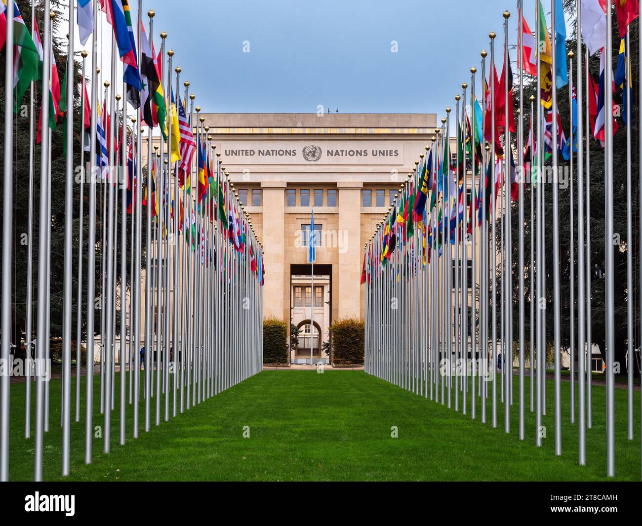 Ginevra, Svizzera - 3 novembre 2023: L'Ufficio delle Nazioni Unite Ginevra o UNOG si trova nell'edificio Palais des Nations a Ginevra, in Svizzera Foto Stock