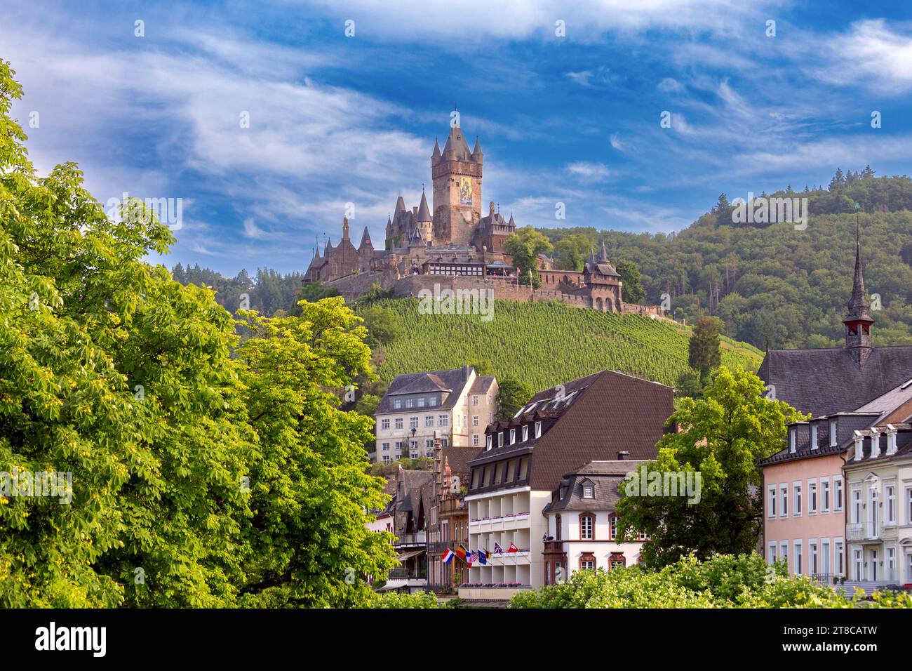 Fortezza medievale europea di Reichsburg su una collina con vigneti in una giornata di sole. Cochem, Germania. Foto Stock