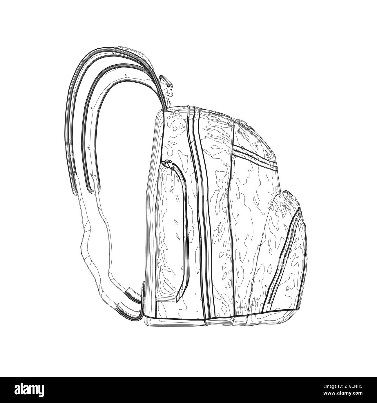 Contorno di un grande zaino fatto di linee nere isolate su uno sfondo bianco. Vista isometrica. Illustrazione vettoriale. Illustrazione Vettoriale