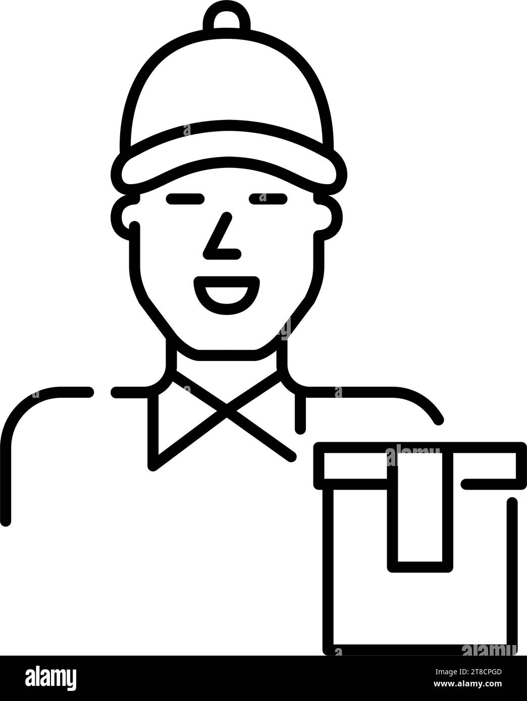 Corriere sorridente che lavora nella consegna di cibo. Estrarre il sacchetto di carta. Pixel Perfect, modificabile Illustrazione Vettoriale