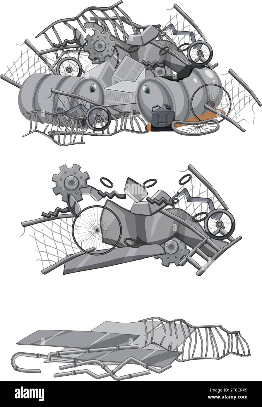 Una colorata illustrazione di un mucchio di acciaio spazzatura pronto per essere riciclato Illustrazione Vettoriale