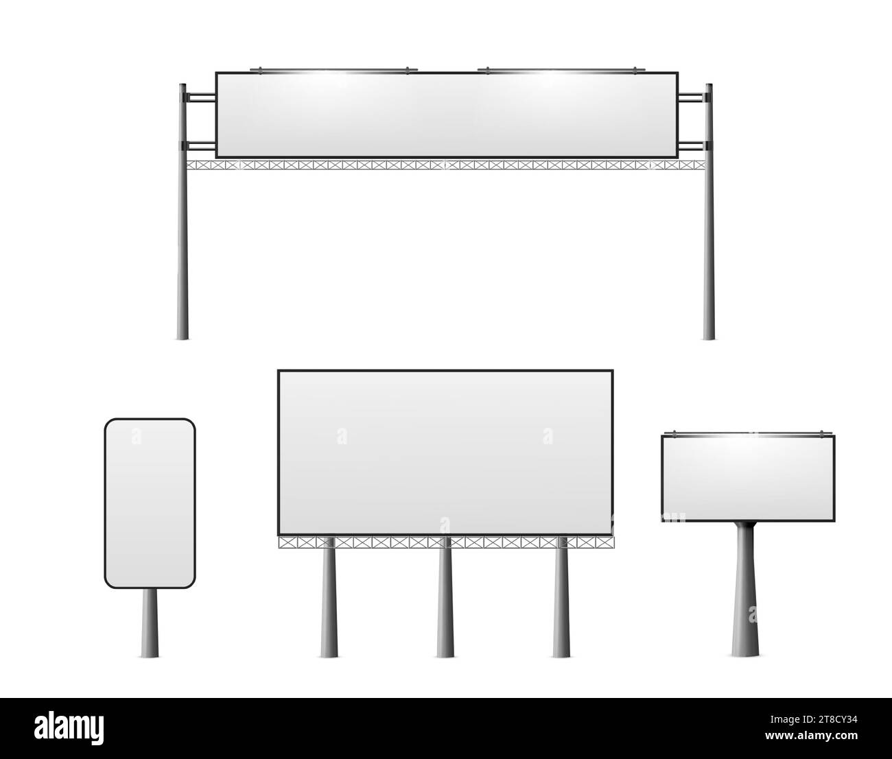 Mockup per affissioni stradali con banner bianco bianco bianco e lampade su colonne metalliche. Set di illustrazioni vettoriali realistiche di pedane stradali per esterni per cartelli pubblicitari. Modello pannello segnaletica orizzontale. Illustrazione Vettoriale