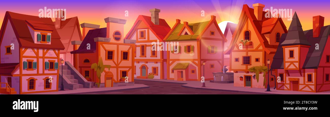 Strada medievale tedesca con case al tramonto o all'alba. Paesaggio urbano dei cartoni animati con case tradizionali della città vecchia con fachwerk in legno sotto il cielo rosa. Edifici parzialmente in legno con marciapiede in pietra. Illustrazione Vettoriale