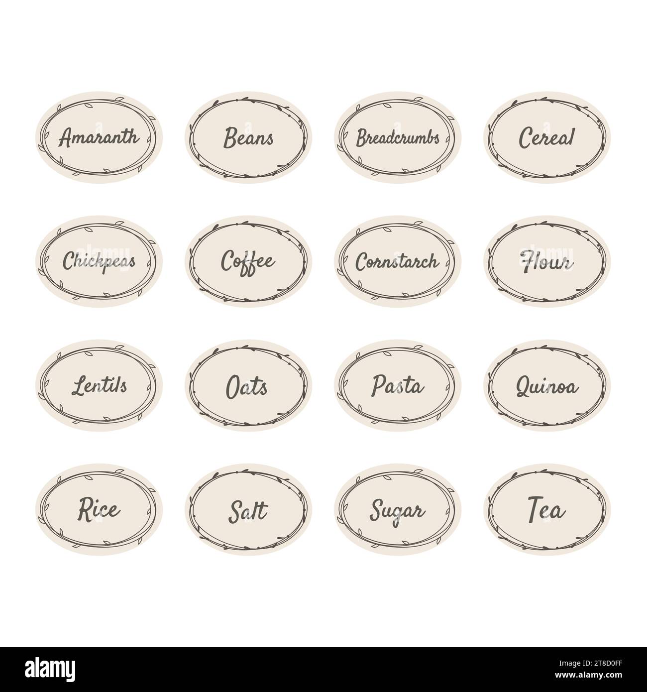 Set di etichette per vettori alimentari a base di legumi e cereali. Etichette per cereali, chicchi, farina e barattoli di caffè. Illustrazione Vettoriale
