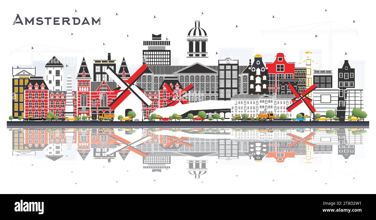Amsterdam Holland City Skyline con edifici colorati e riflessi isolati sul bianco. Illustrazione vettoriale. Concetto di turismo con architettura storica Illustrazione Vettoriale