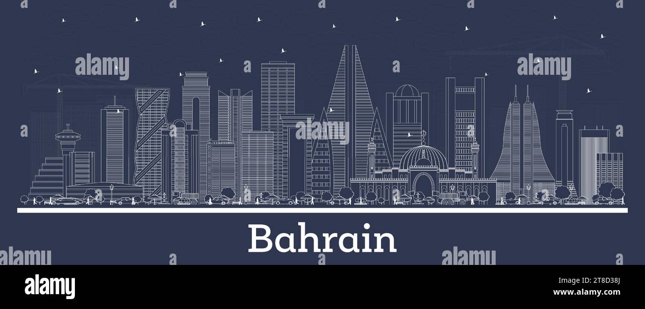 Delinea lo skyline della città del Bahrain con edifici bianchi. Illustrazione vettoriale. Viaggi d'affari e turismo con architettura storica. Illustrazione Vettoriale