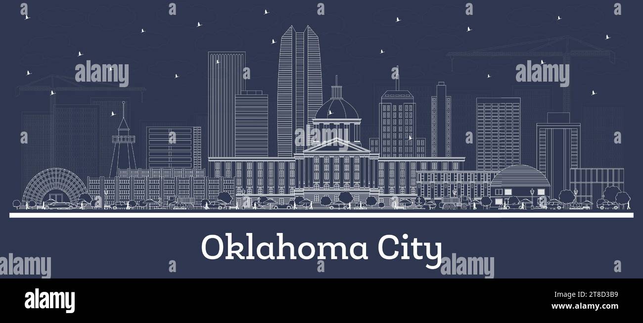 Delinea lo skyline di Oklahoma City USA con edifici bianchi. Illustrazione vettoriale. Viaggi d'affari e turismo con architettura storica. Okla Illustrazione Vettoriale
